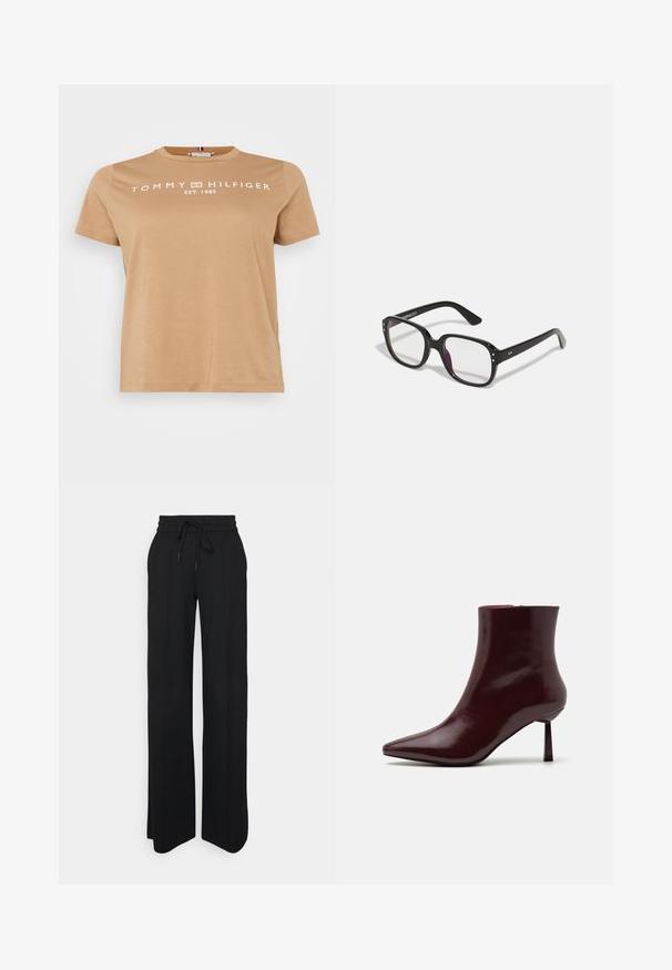 Kahvatu cotton t-särk, millel on ümmargune kaelus ja lühikesed varrukad. Rinnal on valgete tähtedega kiri "TOMMY HILFIGER EST. 1985".; Mustad laiad püksid, mis on valmistatud pehmest kangast. Omab elastset vöökohta koos paelaga, puhtaid jooni ning ei sisalda nähtavaid mustreid ega aktsente.; Burgundi patendnahast pahklu saapad terava ninaga ja slim stilettokanna, millel on sile ja läikiv tekstuur ning minimalistlik disain.; Mustad mustad prillid selgete läätsedega, ringikujuliste servade ja külgaktsentidega, läikiva viimistlusega raami ja kätega.