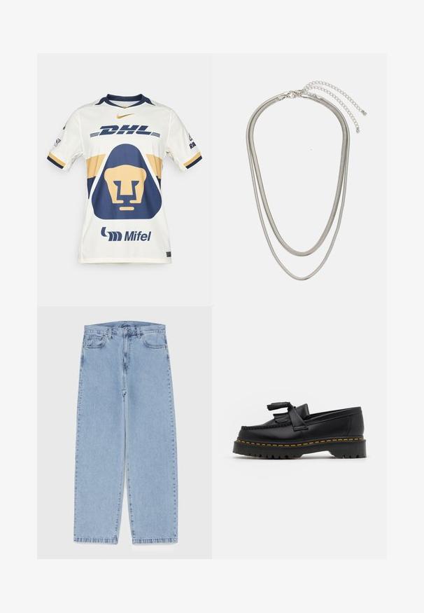 Bela športna majica z mornarsko in zlato obrobo. Vsebuje grafiko leva, logotip "DHL" in blagovno znamko "Mifel". Krajše rokave in krogu obliko vratu.; Svijetloplave traperice s ravnim nogavicama, srednjeg struka, pet džepova te zatvaranjem na gumb i munju.; Črne usnjene loafersice s kaširanim naglasom, z debelim črnim podplatom in rumenim šivom ob robu. Teksturirana površina.; Tri-slojni srebrni kovinski ogrlica z elegantnimi, fleksibilnimi verigami z rahlim leskom, varovana z zaponko s katero se zaključi in nastavljivo verigo.