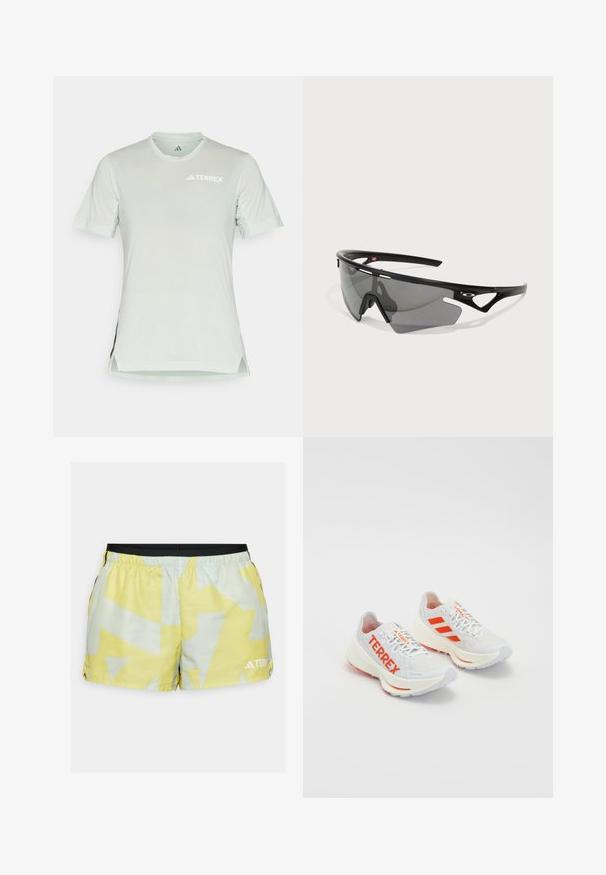 Šviesiai mėtų žalios spalvos trumpų rankovių sportinė marškinėliai su kvėpuojančiais tinkliniais akcentais, TERREX logotipas baltu, apvaliu kaklu, šoninėmis išpjovomis ir švelnia tekstūra.; Geltonos ir šviesiai žalios sportinės šortai su geometriniu raštu, elastinga juosmeniu, šoninėmis plyšiais ir logotipo detalėmis hem'e.; Baltos bėgimo bateliai su oranžinėmis detalėmis. Tinklelio medžiaga, suapvalintas pirštas ir storas vidinis padas. Ant šoninės pusės užrašyta "TERREX", o ant kulno matomos trys juostelės.; Sportiniai saulės akiniai su juodu plastiko rėmeliu ir pilkai tonuotais stiklais. Turi kampinį dizainą ir rėmelio išpjovas ventiliacijai.