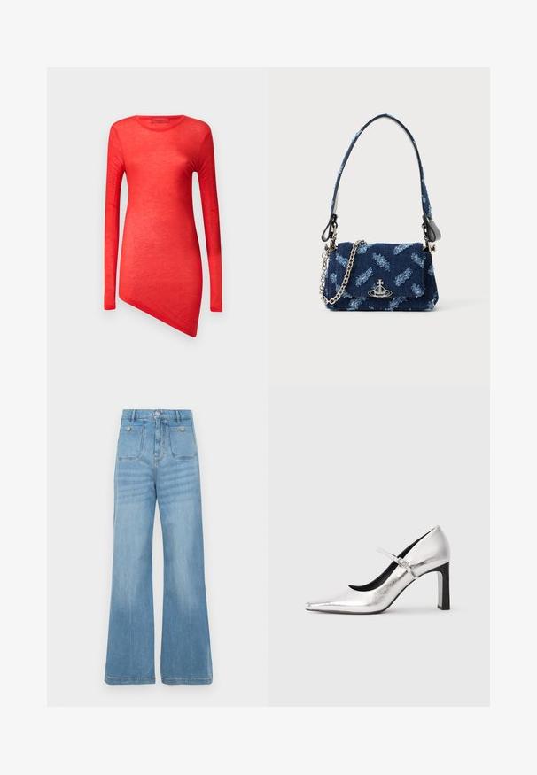 Red long-sleeve top with an asymmetric hem, made from lightweight material. Smooth texture with a crew neckline and minimal seams.; Light blue denim jeans with a wide-leg design, featuring two front pockets and two back pockets, finished with a raw hem and button closure.; Silver high-heeled Mary Jane shoe with pointed toe and thin adjustable strap, displayed against a white background.; Navy blue fabric handbag with a textured design, silver hardware, and a detachable chain strap. Features a flap closure and logo accent.