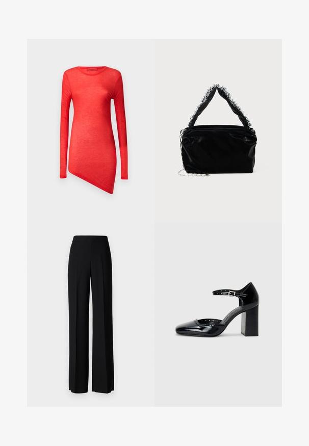 Rotes Langarmshirt mit asymmetrischem Saum, aus leichtem Material gefertigt. Glatte Textur mit Rundhalsausschnitt und minimalen Nähten.; Schwarze weite Hosen mit einer glatten Textur, ausgestattet mit einem hohen Bund und mittleren Falten. Keine sichtbaren Muster oder Hardware-Details.; Schwarze patentierte Leder-High Heels mit quadratischer Zehenform, Knöchelriemchen und dicker Absatz. Enthält durchbrochene Details entlang des Randes.; Schwarze Handtasche aus Kunstleder mit strukturiertem Finish, ausgestattet mit einem mit Perlen verzierten silbernen Akzent am oberen Griff und einem Kettenriemen.