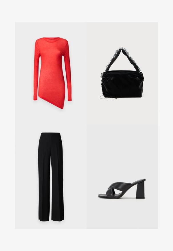 Rød langærmet top med en asymmetrisk kant, lavet af letvægtsmateriale. Glat tekstur med rund halsudskæring og minimale sømme.; Sorte vide benbukser med en glat tekstur, der har en høj talje og centerfolder. Ingen synlige mønstre eller hardware detaljer.; MAX&Co. SOHO - Højhælede sandaletter / Højhælede sandaler - schwarz; Sort faux læder håndtaske med en tekstureret overflade, der har en perlesmykke i sølv langs det øverste håndtag og en kædestrop.
