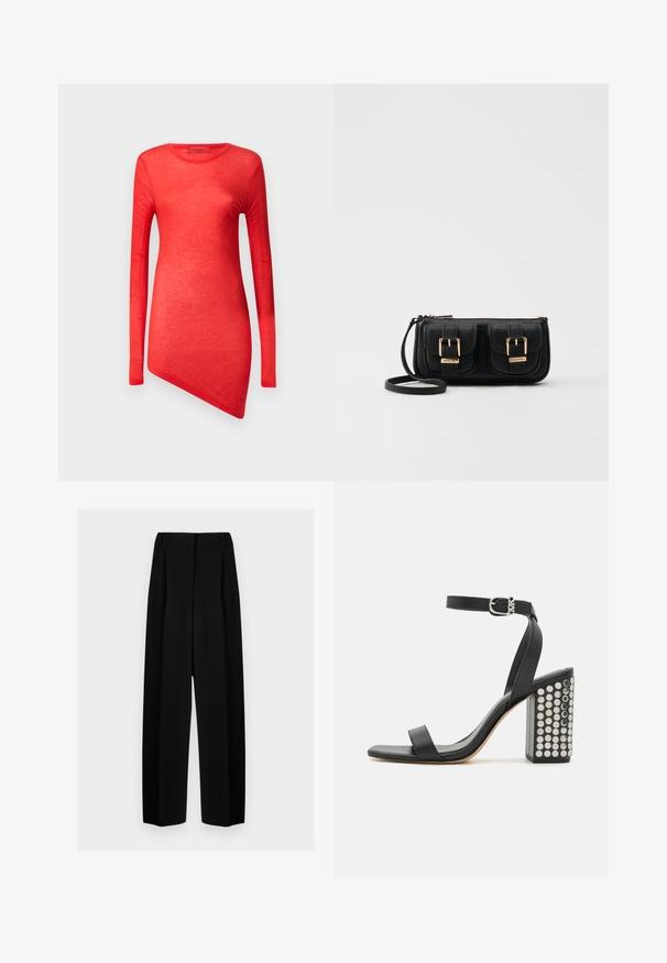 Rdeča majica s dolgimi rokavi z asimetričnim robom, izdelana iz lahkotnega materiala. Gladka tekstura s krožno ovratnikom in minimalnimi šivi.; Črne široke hlače z visokim pasom, ki vključujejo naborke in gladko teksturo. Tkanina se zdi lahka in elegantno pada.; Črne usnjene sandale s peto in zankami okoli gležnja. Imajo kvadratno konico, gladko teksturo in kvadratno blok peto, okrašeno z odličnimi srebrnimi žebljički.; Črna usnjena torbica čez ramo z dvema sprednjima žepoma, zlatimi zaponkami, zadrgo in ozkim pasom. Tekstura površine je strukturirana, obliko pa ima kompaktno pravokotno.