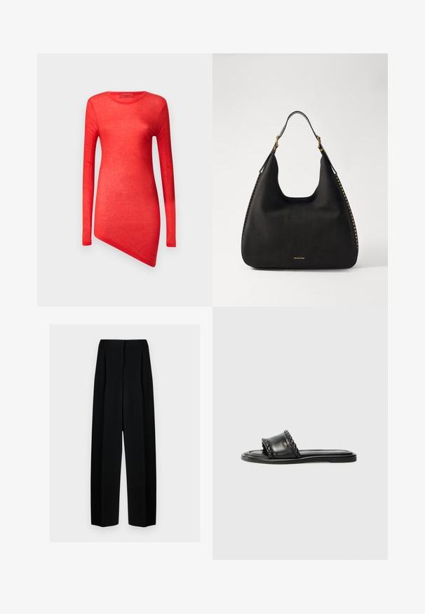Piros, hosszúujjú felső aszimmetrikus hem-el, könnyű anyagból készült. Simaszerkezet, kerek nyakkivágás és minimális varratok jellemzik.; Fekete, széles szárú nadrág magas derékkal, redők és sima textúra jellemzi. Az anyag könnyűnek tűnik és elegánsan hullámzik.; Fekete bőr szandál szőtt pánt részlettel, lapos talppal és letisztult dizájnnal. Sima textúra és minimalista profil.; MICHAEL Michael Kors NOLITA HOBO  - Kézitáska - black