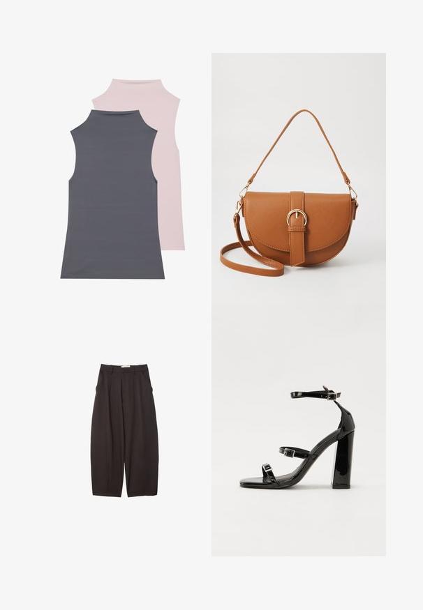 Zwei ärmellose Tops aus weichem Stoff; eines in Grau und das andere in zartem Pink. Beide haben einen hohen Ausschnitt und eine glatte Textur.; Schwarze weit geschnittene Hosen aus einem glatten Stoff, mit hoher Taille, Frontfalten und Seitentaschen. Schlichtes Design ohne Verzierungen.; Schwarze Lackleder-Sandalen mit hohen Absätzen, zwei Riemen mit Schnallen, quadratischer Zehenpartie und klobigem Blockabsatz, mit einer glatten, glänzenden Textur.; Braune Leder-Crossbody-Tasche mit geschwungener Form, goldfarbenen Beschlägen und einer Schnallenakzentuierung. Verfügt über einen abnehmbaren Schultergurt.