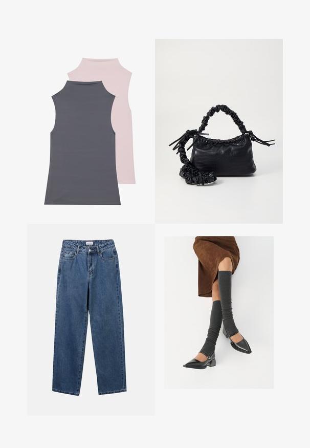 To sove løse toppe i blødt stof; en grå og en lys rosa. Begge har en høj halsudskæring og glat tekstur.; Klassiske blå denimbukser med lige ben, fem lommer og knaplukning. Har en medium vask og en robust tekstur.; Sorte patenterede lædersko med spids tå, blokhæl og ankelrem, kombineret med grå ribbede benvarmere og en brun ruskinds nederdel.; Sort kunstlæder håndtaske med krokodilteksur, indsnøret top og en sammenkrøben rem. Ser blød og kompakt ud i designet.