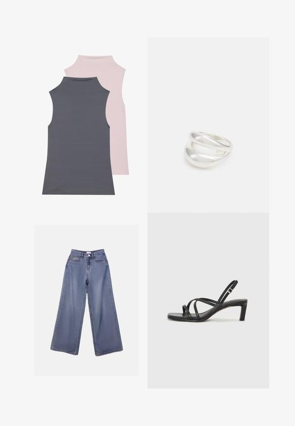 To sove løse toppe i blødt stof; en grå og en lys rosa. Begge har en høj halsudskæring og glat tekstur.; Bredde denim jeans i en lys blå vask, med høj talje, forlommer og knaplukning med bæltestropper.; Sort remsandale med firkantet tå og en lav blokeret hæl. Har flere tynde stropper og en justerbar ankelrem. Fremstillet af glat læder.; Sølvring med dobbeltbånd og en glat, poleret overflade. Den har et flydende, buet design med overlappende sektioner for et moderne udtryk.