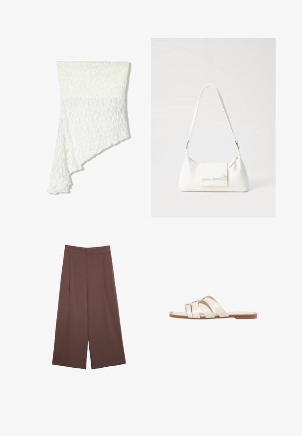 Valkoinen pitsihuivi, jossa on epäsymmetrinen muotoilu, teksturoidut kuviot, pehmeä kangas ja virtaava roso toisella puolella.; Ruskeat leveälahkeiset housut, joissa on sileä pinta, korkea vyötärö ja etupleat. Kangas on kevyttä ja laskeutuu väljänä.; Tason vaaleanruskealla kumipohjalla, jossa on kolme päällekkäistä valkoista nahkaremmiä ja pieni satiininen rusetti keskellä.; Valkoinen synteettinen käsilaukku, jossa on kolmikulmainen muoto, tasainen etu läppä ja nauhadetail, säädettävä olkahihna, sileä rakenne ja minimalinen muotoilu.