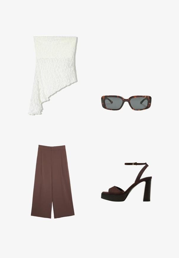 Biely čipkovaný šál s asymetrickým dizajnom, ktorý má textúrovaný vzor, jemnú tkaninu a splývavý strih na jednej strane.; Hnedé nohavice so širokými nohavicami a hladkou textúrou, s vysokým pásom a prednými skladmi. Tkanina je ľahká a voľne sa pohybuje.; Hnedé semišové sandále na vysokom podpätku s otvorenou špičkou, nastaviteľným členkovým remienkom a pruhovanou platformovou podrážkou.; Rámiky slnečných okuliarov v štýle korytnačiny s obdĺžnikovými šošovkami, hrubými rámami a tmavými tónovanými šošovkami. Hladký povrch a minimalistický dizajn.