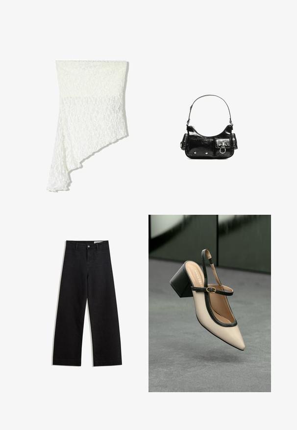 White lace scarf with an asymmetrical design, featuring a textured pattern, soft fabric, and a flowing drape along one side.; Black wide-leg denim pants with a high waist, featuring front and back pockets, stitched seams, and a button closure. Smooth texture.; Beige high-heeled slingback shoe with pointed toe, black trim, and buckle detail. Smooth material with a matte finish, medium block heel.; Black patent leather handbag with a curved shape, one shoulder strap, front pockets, and silver-tone hardware accents.