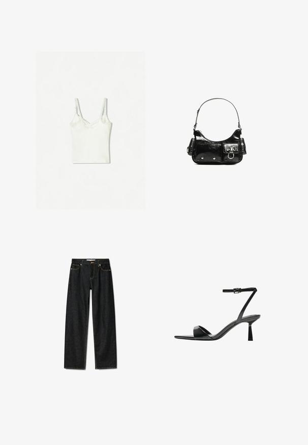 Bershka Felső - white; Sötét farmernadrág egyenes szabással, réz gombos záródással és kontrasztos sárga varrással. Öt zsebbel és klasszikus fazonnal rendelkezik.; Bershka Magas sarkú szandálok - black; Fekete lakkbőr kézitáska ívelt formával, egy vállpánttal, elülső zsebekkel és ezüstszínű fémrészletekkel.