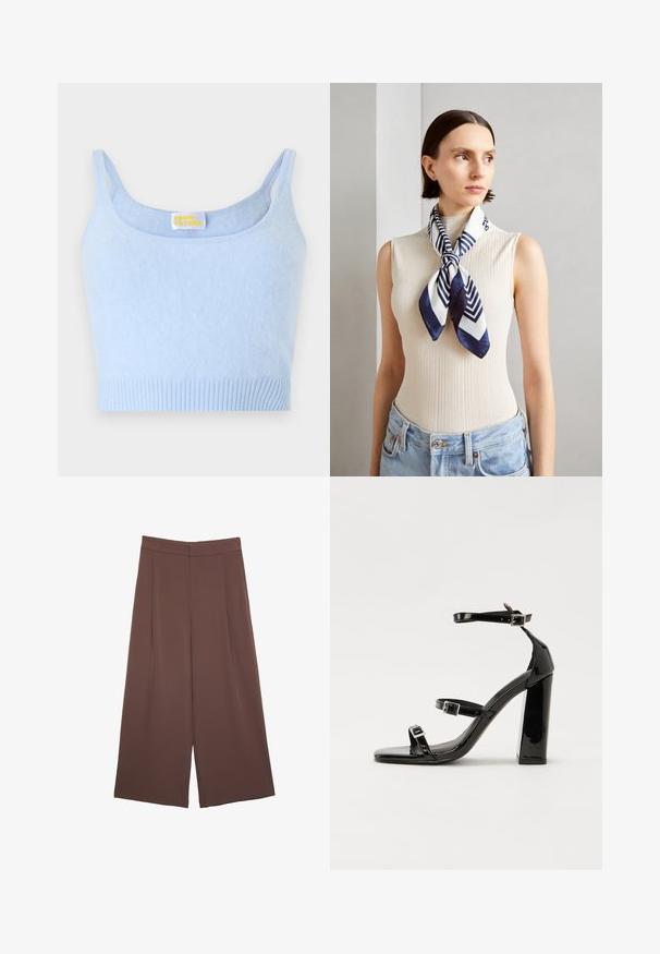 Ljusa blå crop top i mjukt material, med smala axelband, rund halsringning och ribbat avslut. Etiketten säger "FROM FUTURE."; Bruna vida byxor med en slät textur, som har hög midja och framfickor. Tyget är lätt och flödar löst.; Svarta lackerade klacksandaler med fyrkantig tå, ankelremmar och silverfärgade spännen. Har en kraftig blockklack för stabilitet.; Siden scarf i marinblått och vitt med ett geometriskt zigzagmönster. Slät textur, snyggt knuten runt halsen, kompletterar en ribbad topp.