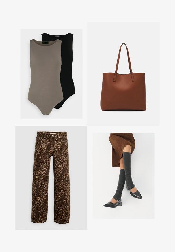 Two sleeveless bodysuits in olive green and black. Made of smooth fabric with a round neckline and a high-cut leg design.; Leopard print wide-leg jeans in brown and tan. Made from denim, featuring a classic five-pocket design and metal hardware accents.; Black patent leather pointed-toe shoes with a block heel and ankle strap, paired with gray ribbed leg warmers and a brown suede skirt.; Brown leather tote bag with a smooth texture, open top design, and two shoulder straps. Features minimal stitching and no visible hardware.