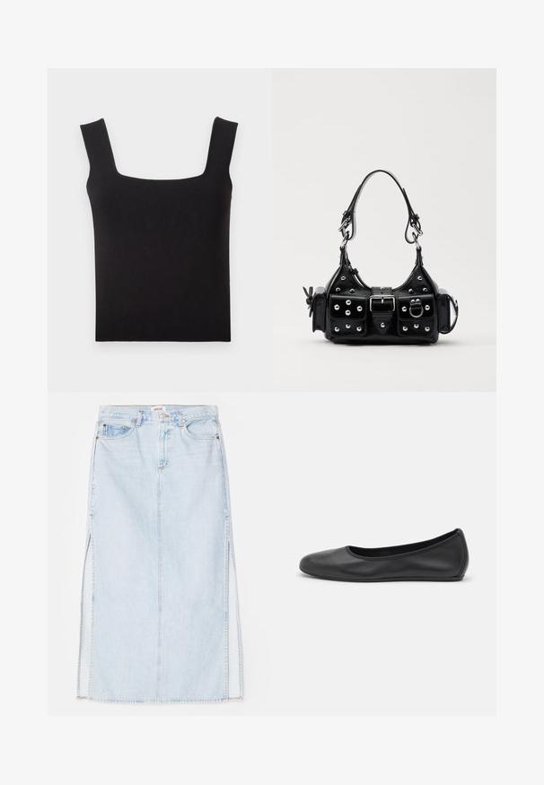 Schwarzes Tanktop mit quadratischem Ausschnitt aus glattem Stoff. Verfügt über breite Träger und eine figurbetonte Silhouette mit einem sauberen Saum. Keine sichtbaren Muster.; Hellblaue Jeans-Maxi-Rock mit geradem Schnitt, ausgestattet mit seitlichen Schlitzen und einem Fünf-Taschen-Design. Auffällige Nähte und Metallschnappverschluss.; Schwarze Leder-Ballettschuhe mit abgerundeter Spitze, glatter Textur, minimalen Nähdetails und einem flexiblen Sohlen-Design.; Schwarze Lederhandtasche mit einem geschwungenen Design, verziert mit silbernen Nieten, einer Schnalle und zwei seitlichen Taschen. Verstellbarer Träger für verschiedene Tragemöglichkeiten.