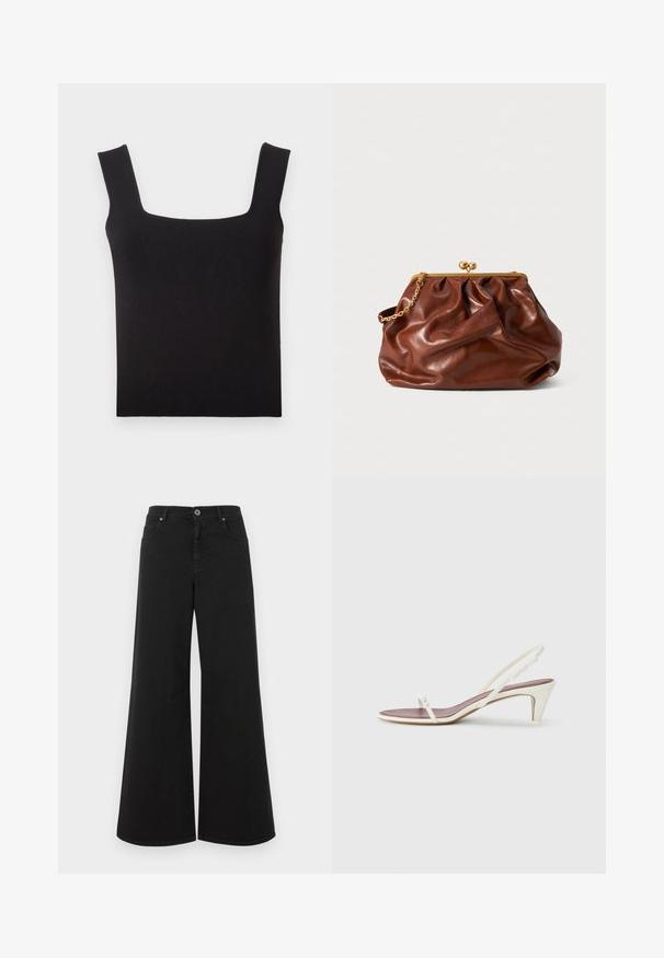 Černý top na ramínka se čtvercovým výstřihem vyrobený z hladkého materiálu. Má široké ramínka a přiléhavý střih s hladkým lemem. Žádné viditelné vzory.; Černé volné džínové kalhoty vyrobené z denimu, s vysokým pasem, pěti kapsami, zapínáním na knoflík a čistým vzhledem bez ozdob.; Bílé sandály na podpatku s tenkými pásky a hladkým koženým povrchem; mají malou dekorační přezku.; Hnědá kožená psaníčko s pozlaceným zapínáním a krátkým pozlaceným řetízkem, s jemně nařasenou texturou na bílém pozadí.