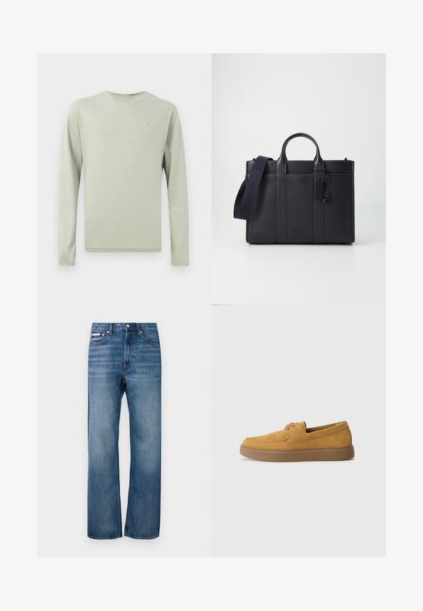 Langärmliges Hemd aus hellgrünem Stoff. Rundhals, schlichtes Design ohne Muster. Kleines Logo auf der Brust. Weiche, glatte Textur.; Blaue gerade Denim-Jeans mit leichter Ausbleichung, vorderem Knopfverschluss und einem kleinen Logotag auf der rechten Vordertasche.; Braune Wildlederschlupfschuhe mit strukturierter Oberfläche, runder Zehenform und kontrastierender Gummisohle. Mit dezenter Markenkennzeichnung nahe der Ferse.; Dunkelblaues Lederaktentasche mit doppelten oberen Griffen und einem abnehmbaren Gurt. Merkmale sind die strukturierte Oberfläche, vertikale Nähte und das Logo-Detail.