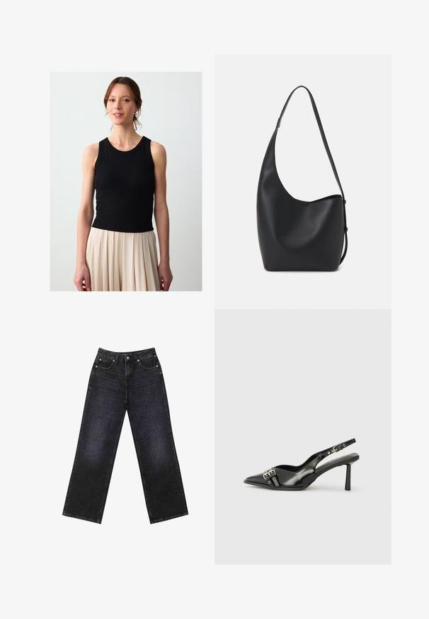 Black ribbed tank top with a round neckline and sleeveless design, paired with a light beige pleated skirt. Smooth texture, fitted shape.; High-waisted black denim jeans with a wide-leg cut, five-pocket design, and visible stitching. Fabric has a smooth, slightly textured finish.; Black patent leather slingback shoe with pointed toe, ankle straps featuring silver buckles and hardware, and a slender heel.; Black leather hobo bag with a smooth texture, curved shape, and single adjustable strap; features a wide opening at the top.