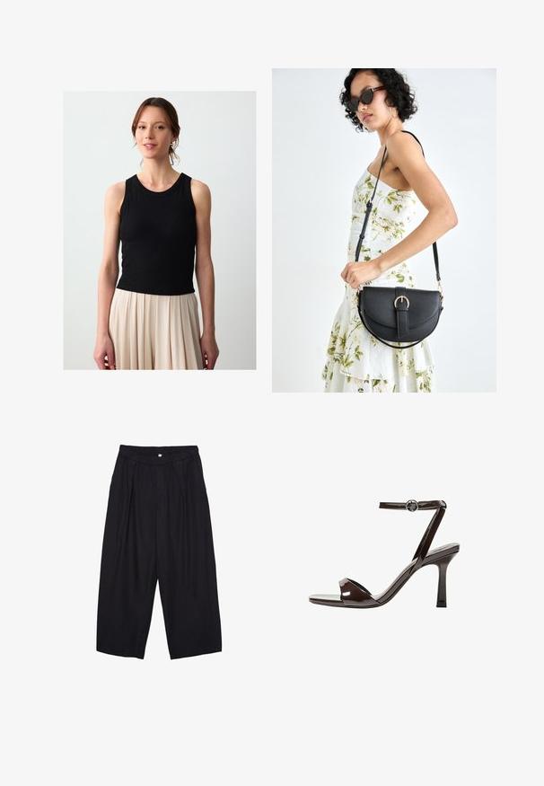 Schwarzes, geripptes Tanktop mit rundem Halsausschnitt und ärmellosem Design, kombiniert mit einem hellbeigen, gefältelten Rock. Glatte Textur, taillierte Form.; Schwarze Polyester-Culotte mit einem elastischen Bund, zwei vorderen Falten und einer lockeren Silhouette. Keine sichtbaren Muster oder Hardware-Details.; Braune Lackleder-High-Heelsandale mit einem Knöchelriemen, offener Zehenpartie und einem schlanken, minimalistischen Design. Verfügt über einen quadratischen Absatz.; Schwarze Lederhandtasche mit geschwungener Form, abnehmbarem Tragegurt und goldenen Beschlägen. Die Tasche verfügt über einen Deckel mit einer Schnallen-Details.