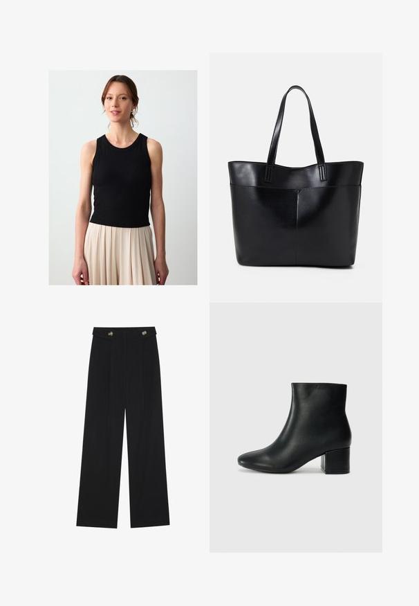 Zwarte geribbelde tanktop met een ronde halslijn en mouwloos ontwerp, gecombineerd met een lichtbeige geplooide rok. Gladde textuur, aansluitende pasvorm.; Zwarte wijde broek met hoge taille, knoopdetails op de tailleband en plooien aan de voorkant.; Zwarte leren enkellaarzen met een spitse neus en een chunky hak. Gladde textuur met minimale accenten en een slank, strakk ontwerp.; Zwarte leren tote bag met twee lange handvatten, een zachte textuur en een gestructureerde vorm. Voorzien van een voorvak voor extra opslagruimte.