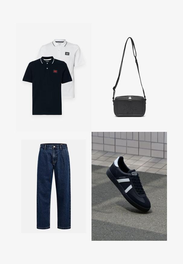 Zwei Poloshirts in Marineblau und Weiß, mit kurzen Ärmeln, einem klassischen Kragen und kontrastierenden gestreiften Details am Kragen.; Dunkelblaue Denim-Jeans mit geradem Bein. Mit sichtbaren Nähten, einem Knopfverschluß und Frontfalten für zusätzliche Details.; Schwarze Leder-Sneaker mit weißen Streifen, strukturiertem Gummisohle und Schnürung. Verfügt über ein Markenetikett auf der Zunge.; Schwarze Leder-Crossbody-Tasche mit einem Reißverschluss, geprägtem Logo auf der Vorderseite und verstellbarem Riemen. Glatte Textur mit rechteckiger Form.