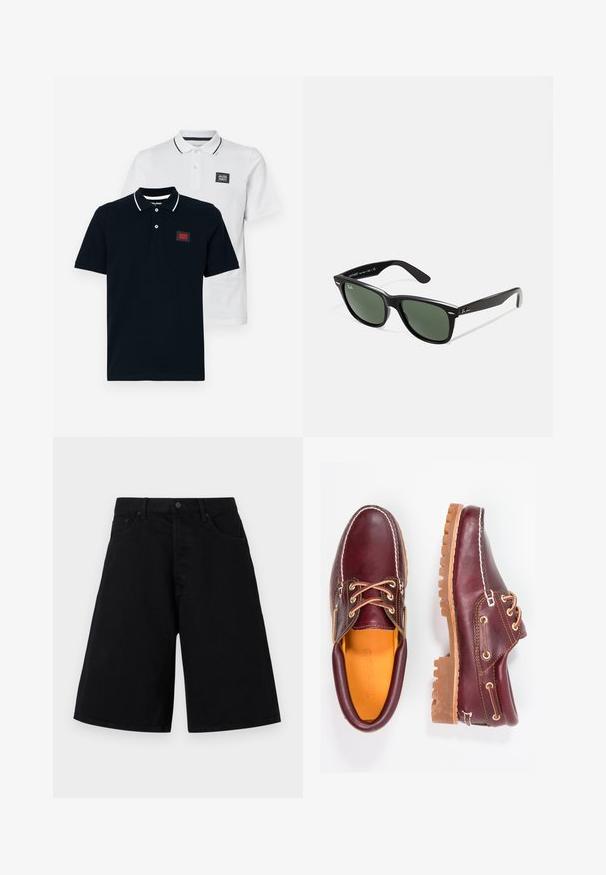 Due camicie polo in navy e bianco, con maniche corte, un colletto classico e dettagli a righe contrastanti sul colletto.; Shorts in denim nero con una vestibilità comoda, caratterizzati da un classico design a cinque tasche e chiusura con bottone, texture liscia e taglio dritto.; Scarpe in pelle bordeaux con suole in gomma marrone, punta rotonda, cuciture bianche e occhielli dorati. L'interno presenta un rivestimento giallo.; Occhiali da sole in plastica nera con lenti verdi, montatura quadrata, dettaglio argento sulla parte superiore e steli con texture. Marchio indicato sulla parte interna dello stelo.