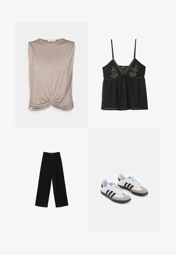 Yogasearcher TWISTED - Top - cacao; Schwarzes Camisole-Top mit dünnen Trägern, verziert mit aufwendiger silberner Stickerei und einem gerafften Taillenbereich. Leichter Stoff, lockere Passform.; Schwarze, weit geschnittene Hose mit hoher Taille, ausgestattet mit einem Gürtel in der Taille und Falten für Struktur. Hergestellt aus einem glatten, leichten Stoff.; Sportschuhe mit einem Obermaterial aus weißem Leder, grauer Wildleder-Zehenkappe und drei schwarzen Streifen. Sie verfügen über ein blaues Logo auf der Zunge und eine strukturierte Gummisohle.