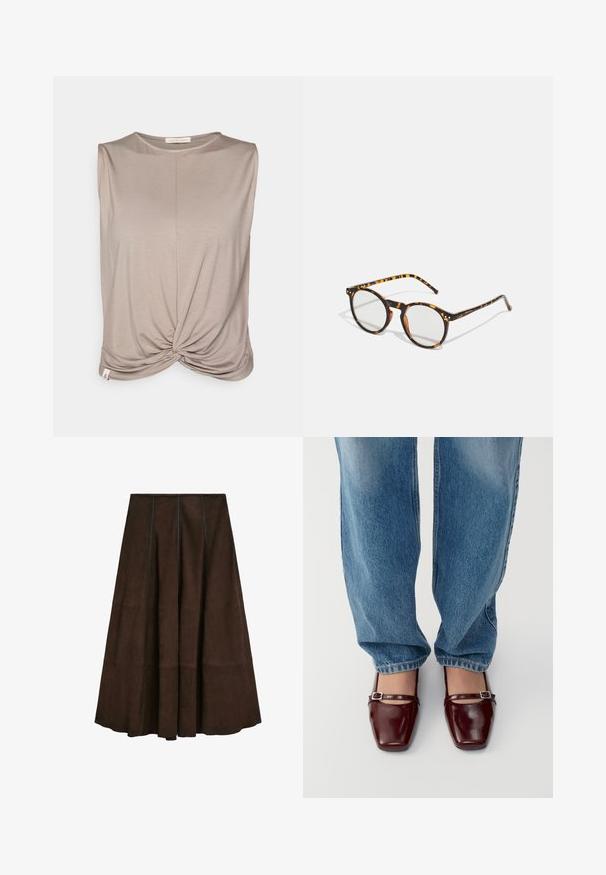 Yogasearcher TWISTED - Top - cacao; Brun ruskind midi-nederdel med en flare-design og lodrette sømdetaljer, der har en glat tekstur og en bred kant.; Burgunderfarvede patentlæder sko med firkantet tå og ankelrem, parret med lyseblå løs pasform jeans. Skoene har en glansfuld overflade.; Runde solbriller med skildpadde-mønster og klar linser. Har en tykk, let stel og slanke stänger.; Brun stofsjaal med frynsede kanter, lavet af blødt materiale. Har et lille hvidt mærke med sort tekst i bunden.