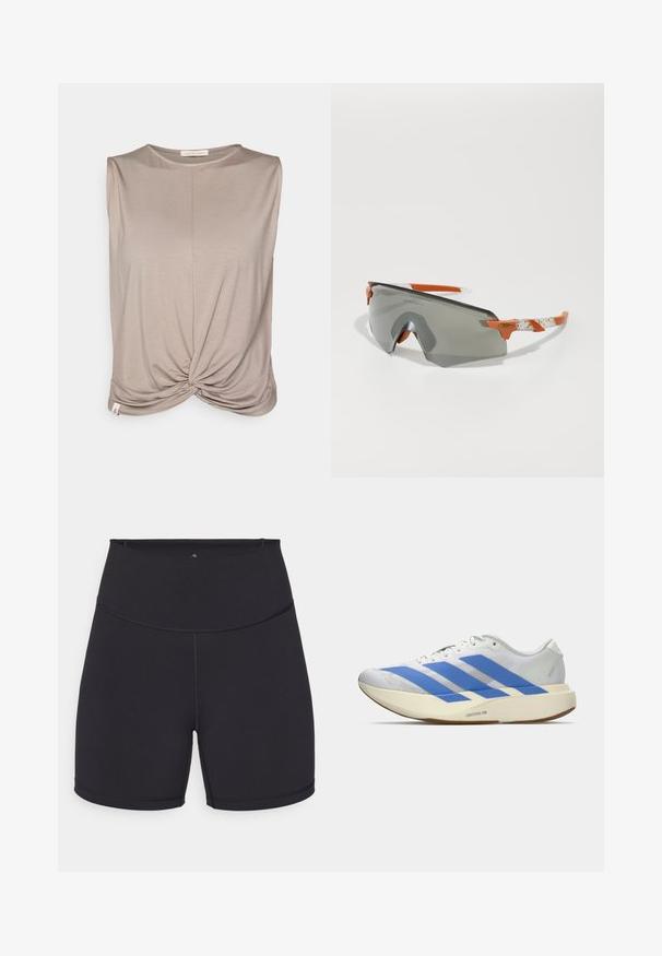 Yogasearcher TWISTED - Top - cacao; Pantalones cortos deportivos negros hechos de un tejido elástico. Cuentan con una cintura alta y costuras suaves. Adecuados para ropa activa y ejercicio.; Zapatilla deportiva blanca con rayas azules, parte superior texturizada, suela plana y la marca "LIGHTSTRIKE PRO" en el lateral. Diseño de perfil bajo.; Gafas de sol deportivas con lentes grises, detalles en naranja y brazos blancos con patrón. Diseñadas para un rendimiento óptimo con una forma envolvente.