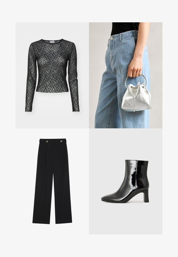 Top preto de mangas longas feito de renda transparente com estampa de onça, com decote redondo e silhueta ajustada, apresentando detalhes de padrão texturizado.; Calças largas pretas com cintura alta, detalhes em botão na cintura e pregas frontais.; Botim de tornozelo em pele sintética preta com bico apontado e salto bloco de altura média. Textura suave e design minimalista.; Saco de balde prateado metálico com um acabamento texturizado, adornado com uma pega redonda prateada e fecho de cordão, segurado contra jeans azul claro.