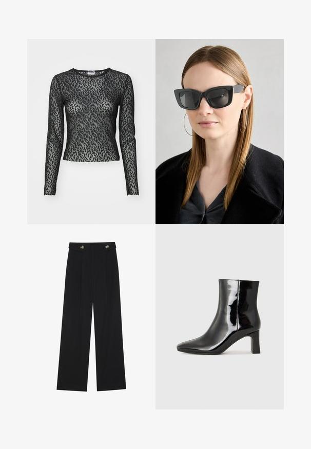 Čierny dlhý rukáv top z priehľadnej krajky s leopardím vzorom, s okrúhlym výstrihom a priliehavou siluetou, pričom obsahuje podrobnosti v textúrovanom vzore.; Čierne široké nohavice s vysokým pásom, so zapínaním na gombíky na páse a prednými sklady.; Čierne lakované členkové topánky s špicatou špičkou a stredne vysokým blokovým podpätkom. Hladká textúra a minimalistický dizajn.; Čierne mačacie slnečné okuliare s tmavými sklami, hrubými obručami a jemnými detailami. Nosí sa s čiernym kabátom a sivým topom, pričom má dlhé rovné vlasy.