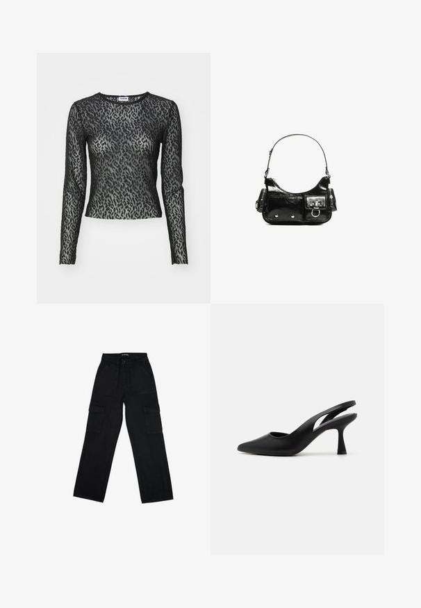 Fekete, hosszú ujjú felső áttetsző leopárdmintás csipkéből, kerek nyakkivágással és testhez simuló siluettel, texturált mintázati részletekkel.; Fekete vászon cargo nadrág, magas derékkal, zsinórral, széles lábakkal és több oldalsó zsebbel a funkcionalitás érdekében.; Fekete pántos magassarkúk hegyes orral, sima bőrből készült. Kivágott dizájn és erős, kúp alakú sarkú jellemzi.; Fekete lakkbőr kézitáska ívelt formával, egy vállpánttal, elülső zsebekkel és ezüstszínű fémrészletekkel.
