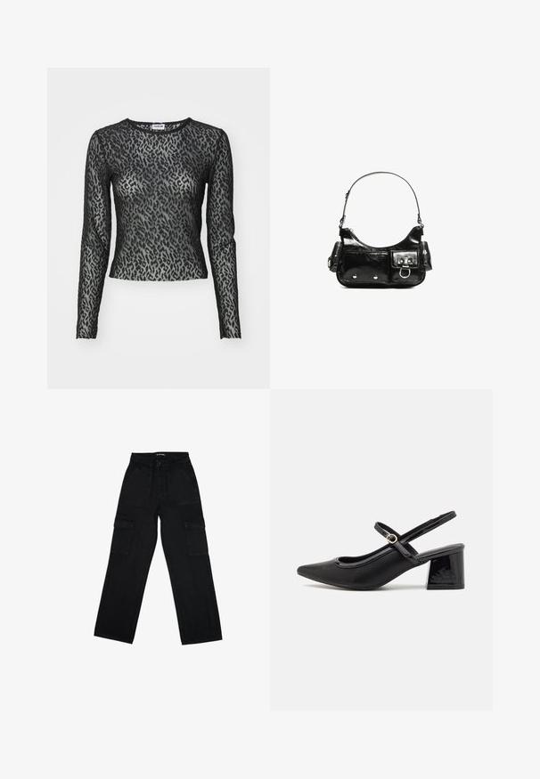 Čierny dlhý rukáv top z priehľadnej krajky s leopardím vzorom, s okrúhlym výstrihom a priliehavou siluetou, pričom obsahuje podrobnosti v textúrovanom vzore.; Čierne cargo nohavice z denimovej látky, s vysokým pásom, šnúrkou na stiahnutie, širokými nohavicami a viacerými bočnými vreckami pre praktické využitie.; Čierne lakované kožené lodičky so slingback dizajnom, špicatou špičkou, zaobleným výrezom a blokovým podpätkom. Obsahuje akcent zlatého tónu s prackou.; Čierna laková kožená kabelka s ohnutým tvarom, jedným ramenným popruhom, prednými vreckami a striebornými kovovými doplnkami.