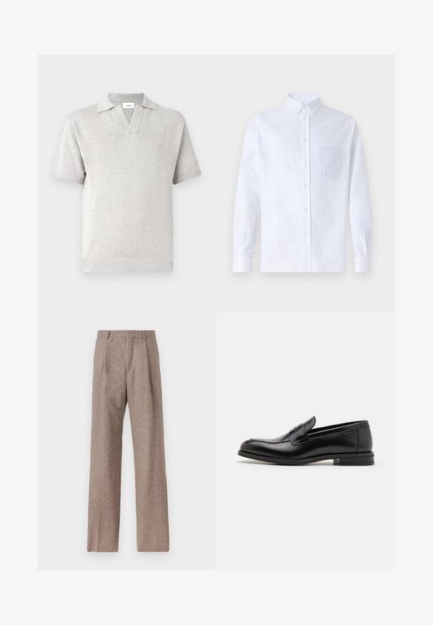 Trumpas rankovėmis, šviesiai pilkas megztas polo marškinėliai su V formos kaklu, tekstūruotu raštu ir tradicine apykakle. Lengvas audinys suteikia kasdienį įvaizdį.; Balta ilga rankovė mygtukų marškiniai, pagaminti iš medvilnės, su krūtine kišene ir toniniu siuvinėjimu, apykakle ir mygtukų apvadu.; Rudos, aukšto liemens kelnes, pagamintas iš tekstūruotos medžiagos. Plati kojos, dvi priekinės klostės struktūrai. Tvarkingas apdailos darbai, be matomų detalių.; Juodos odinės loafers, turinčios lygų paviršių, apvalią noselę ir dekoratyvinę juostą per priekinę dalį. Žemas krentantis kulnas, minimalistinis dizainas.