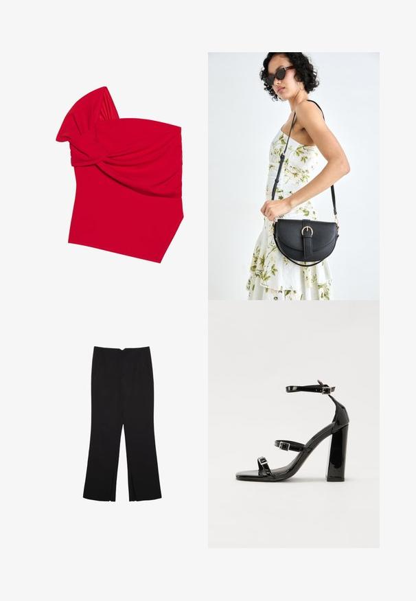 Red bandeau top made of stretchy fabric with a twisted front design, featuring smooth texture and angled bottom hem.; Black trousers with a straight fit, featuring front pockets and side slits at the hem. Made of soft, smooth fabric. Suitable for various occasions.; Black patent heeled sandals with a square toe, ankle straps, and silver buckles. Features a chunky block heel for stability.; Black leather handbag with a curved shape, detachable strap, and gold hardware. The bag features a flap with a buckle detail.