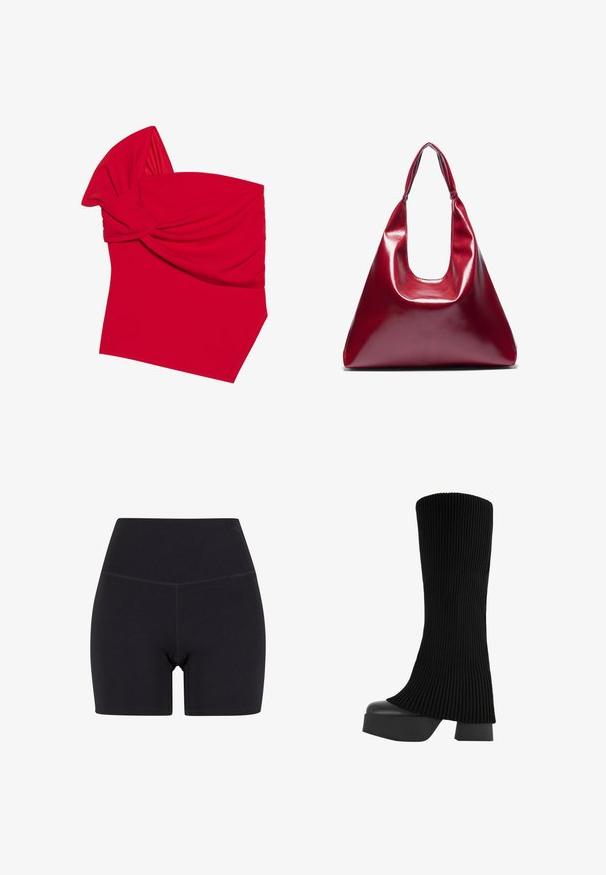 Rød bandeau-top lavet af strækbart stof med et snoet fordesign, der har en glat tekstur og skrå bundkant.; Sorte højtaljede shorts lavet af strækbart stof. Har en elastisk talje, glat tekstur og midt på låret længde med et sømløst design.; Sort knæhøj støvle med en ribbet stofoverdel, chunky platformsål og blokhæl, der har en glat tekstur og et elegant, moderne design.; Rød blank lædertaske med en trekantet form, bred åbning foroven og et enkelt buet håndtag. Glat tekstur med minimale sømdetaljer.