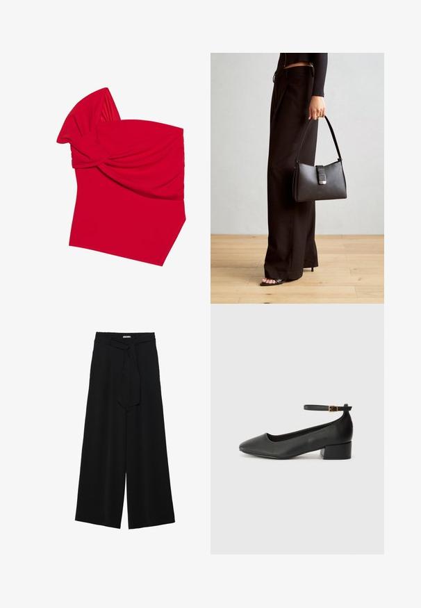 Rød bandeau-top laget av elastisk stoff med et tvistet frontdesign, som har en glatt tekstur og skrå nederkant.; Svart vide bukser med teksturert stoff, elastisk midje og avtagbart belte som gir justerbar passform.; Sorte skinnpumper med spiss tå og lav blokkhelt. Har ankelrem med gullfarget spenne. Glatt tekstur.; Svart håndveske med strukturert form, jevn tekstur og metallisk lås. Kombinert med brede svarte bukser og sandaler med åpen tå på tregulv.