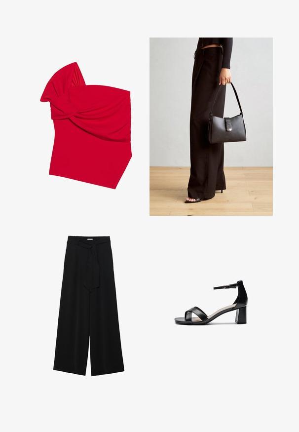 Piros bandeau felső rugalmas anyagból, csavart elülső dizájnnal, sima textúrával és ferde alsó szegéllyel.; Fekete, bő szárú nadrág, texturált anyagból, rugalmas derékpánttal és levehető sállal a derekán, amely állítható illeszkedést biztosít.; Fekete, nyitott orrú, sarokkal ellátott szandál keresztbe tett pántokkal, állítható bokapánttal és vastag sarokkal, sima bőrtapintással.; Fekete kézi táska strukturált formával, sima textúrával és fémből készült záródással. Széles fekete nadrággal és nyitott orrú szandállal párosítva, fából készült padlón.