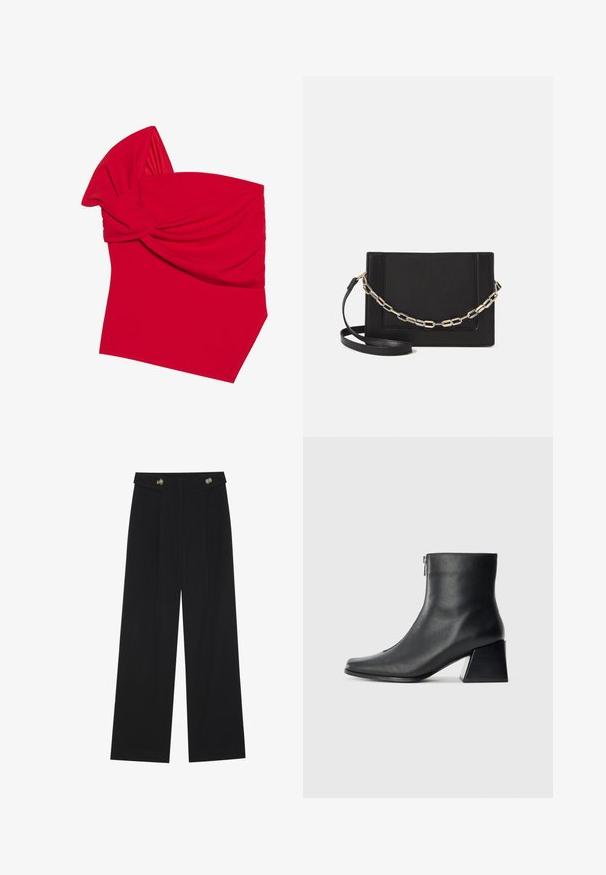 Red bandeau top made of stretchy fabric with a twisted front design, featuring smooth texture and angled bottom hem.; Black wide-leg trousers with high waist, button details on waistband, and front pleats.; Black leather ankle boot with square toe, side zipper, and block heel against plain light background.; Black leather crossbody bag featuring a smooth texture, rectangular shape, and a metallic chain detail on the front. Adjustable strap included.