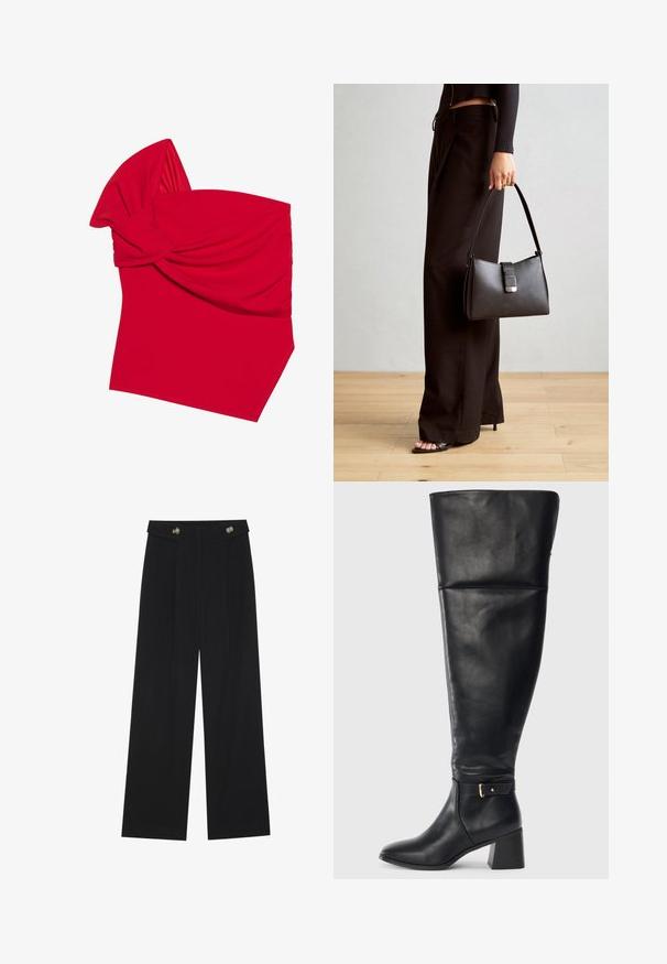 Top bandeau rojo hecho de una tela elástica con diseño frontal retorcido, que presenta una textura suave y un dobladillo inferior en ángulo.; Pantalones de pierna ancha negros con cintura alta, detalles de botones en la cinturilla y pliegues en la parte delantera.; Botín de cuero negro hasta la rodilla con tacón cuadrado y correa decorativa con hebilla dorada por encima del tobillo, vista lateral sobre fondo blanco.; Bolso negro con forma estructurada, textura suave y un cierre metálico. Combinado con pantalones anchos negros y sandalias de dedo en un suelo de madera.