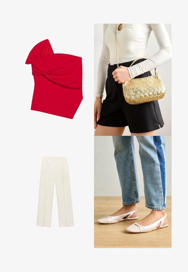 Rdeč bandeau-top iz raztegljive tkanine z zasukanim sprednjim delom, ki ima gladko teksturo in poševno spodnje robove.; Hlače širokih nogavic v svetli kremni barvi. Narejene iz gladkega materiala s plitkimi naborki spredaj in stranskimi žepi.; Svijetloružičaste slingback balerinke s šiljastim nožnim prstima, napravljene od glatkog materijala nalik koži. Imaju izrezane detalje sa strane i ravne pete.; Zlatna torbica s paile, pravokotne oblike, z kratkim ročajem in dolgo verižico. Tekstura je sijoča in odsevna.
