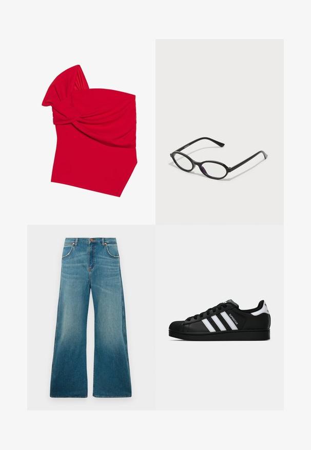 Top bandeau vermelho feito de tecido elástico com um design frontal torcido, apresentando textura suave e bainha inferior angular.; Calças de jeans de ganga azuis de cintura alta com pernas largas, bolsos frontais, fecho de botão e gradiente de cor desbotada do cós até a bainha.; Sapatilha Adidas Superstar preta com riscas brancas, biqueira em concha e texto "Superstar" na lateral, apresentada em perfil lateral sobre fundo branco.; Óculos com armação oval preta e detalhes em roxo translúcido nas lentes. A armação tem um acabamento mate e hastes finas e retas.