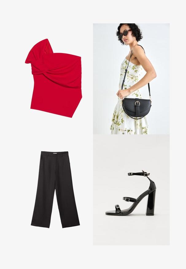 Rode bandeau-top van rekbaar materiaal met een gedraaide voorkant, met een gladde textuur en een schuin afgewerkte onderrand.; Zwarte wijde broek van gladde stof, met een ritssluiting aan de voorkant en twee zijzakken, een getailleerde pasvorm en een minimalistisch ontwerp.; Zwarte gepatenteerde sandalen met hak en een vierkante neus, enkelbandjes en zilveren gespen. Heeft een stevige blokhak voor stabiliteit.; Zwarte leren handtas met een gebogen vorm, afneembare schouderband en gouden hardware. De tas heeft een klep met een gespsluiting.