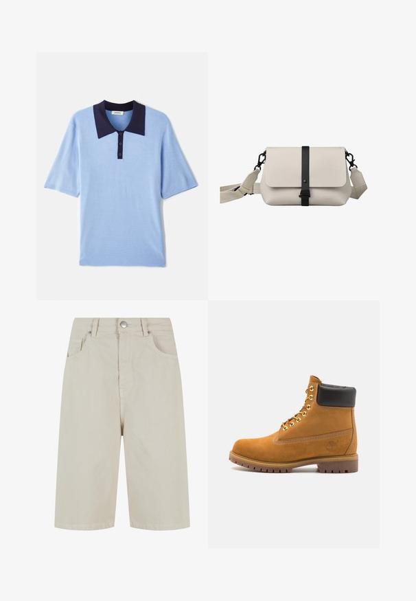 Polo shirt à manches courtes bleu clair avec un col bleu marine et un patte de boutonnage à trois boutons. Tissu texturé avec une finition douce et respirante.; Shorts en denim beige avec une coupe droite, une fermeture à bouton à l'avant et quatre poches. Le tissu a une texture lisse et un minimum de détails de couture.; Bottine en daim beige avec un col rembourré noir, œillets en métal doré, détails de surpiqûres blanches et semelle en caoutchouc robuste avec des crampons prononcés.; Sac bandoulière beige avec une sangle et un fermoir noirs, doté d'un rabat, d'une texture lisse et d'une sangle en tissu réglable.