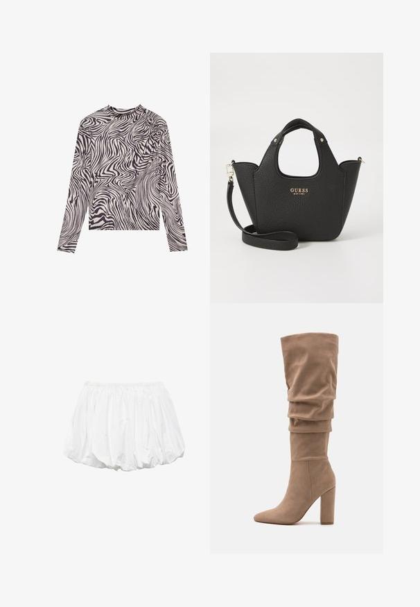 Długi rękaw bluzki w kolorze kremowym z czarnym abstrakcyjnym falistym wzorem, z wysokim kołnierzem i lekko marszczonym detalem przy ramionach. Miękka faktura materiału.; Biała koszula typu button-up z długimi rękawami, klasycznym kołnierzykiem i prostym krojem. Wykonana z gładkiego, lekkiego materiału. Bez wzorów ani akcentów.; Białe bawełniane szorty balonowe z elastycznym paskiem w talii i plisowanym wzorem, o gładkiej fakturze i zaokrąglonym kształcie.; Anna Field - Kozaki; Czarna torebka o teksturowanej powierzchni z krótkimi rączkami i odpinanym paskiem na ramię. Zawiera złoty akcent z logo. Kompaktowy, usztywniony kształt.