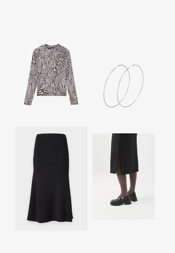 Haut à manches longues en crème avec un motif abstrait noir en ondulations, doté d'un col montant et de détails légèrement froncés aux épaules. Texture de tissu douce.; Jupe noire côtelée en tricot avec une taille ajustée et un ourlet évasé. Texture lisse, modèle mi-long, présentant un motif côtelé uniformément réparti.; Chaussures noires en cuir avec un bout arrondi, un épais talon bloc et des accents latéraux élastiques, associées à des bas foncés et une jupe noire avec une fente.; Boucles d'oreilles en argent au design minimaliste. Forme circulaire, texture lisse et profil fin. Légères avec une finition polie.