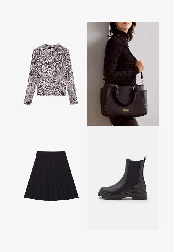 Long-sleeve top in cream with black abstract wavy pattern, featuring a high neck and slightly gathered shoulder detail. Soft fabric texture.; Black pleated skirt made of textured fabric with a fitted waistband. Falls to knee length, featuring a smooth, clean silhouette.; Black leather ankle boot with elastic side panels, rounded toe, and textured rubber sole. Features a loop at the back for easy wear.; Black handbag with textured surface, dual top handles, and adjustable shoulder strap. Features gold-tone hardware and side pockets.