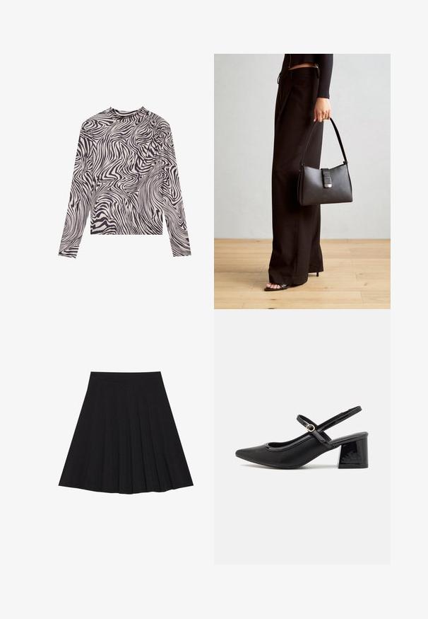 Pitkähihaine paita vaaleassa kermassa mustalla abstraktilla aaltoilevalla kuviolla, jossa on korkea kaula-aukko ja hieman kerrottu olkapään yksityiskohta. Pehmeä kangas.; Musta taitettu hame, joka on valmistettu teksturoidusta kankaasta ja jossa on tiukka vyötärö. Laskeutuu polveen, ja siinä on suora ja siisti siluetti.; Musta lakattu nahka slingback-korkokengät, joissa on terävä kärki, pyöreä aukko-muotoilu ja lohkokorko. Varustettu kultasävyisellä solkiyksityiskohdalla.; Musta käsilaukku, jossa on rakenteellinen muoto, sileä pinta ja metallinen solki. Yhdistetty leveisiin mustiin housuihin ja avonaiheisiin sandaaleihin puulattialla.
