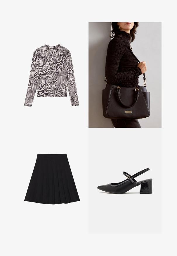 Długi rękaw bluzki w kolorze kremowym z czarnym abstrakcyjnym falistym wzorem, z wysokim kołnierzem i lekko marszczonym detalem przy ramionach. Miękka faktura materiału.; Czarna plisowana spódnica z teksturowanej tkaniny z dopasowanym paskiem. Sięga do kolan, wyróżniając się gładką, czystą sylwetką.; Czarne lakierowane czółenka na słupku ze spiczastym noskiem, lekko zaokrąglonym wycięciem i obcasem w kształcie bloku. Posiadają złotą klamrę jako akcent dekoracyjny.; Czarna torebka z teksturowanej powierzchni, podwójnymi uchwytami na górze i regulowanym paskiem na ramię. Posiada złote okucia i boczne kieszenie.