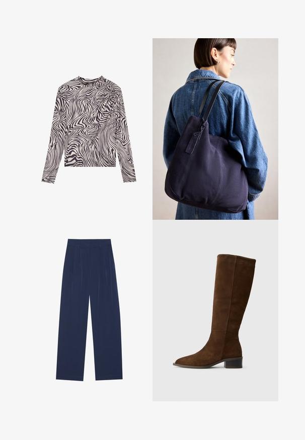Dolgimi rokavi v krem barvi z črnim abstraktnim valovitih vzorcem, s stojnim ovratnikom in rahlo nabrano ramensko podrobnostjo. Mehka tekstura tkanine.; Mornarsko modri široki hlače iz mehkega materiala, ki imajo sprednje drapiranje, gladko teksturo in ravno silhueto brez vidnih žepov.; Rjave nubuk škornje do kolen s koničastim nosom in debelim nizkim peto. Gladka tekstura z čistim dizajnom in brez opaznih okrasnih elementov.; Modra platnena torba za ramo s meko, strukturirano obliko, opremljena s črnim trakom, šivanjem in majhno oznako blagovne znamke.