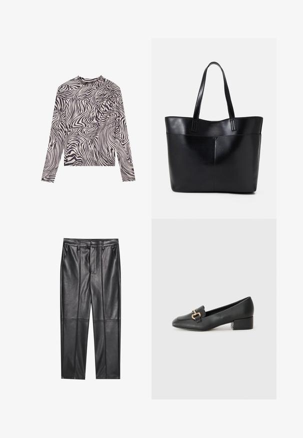 Kreemivärvi pikkade varrukatega topp musta abstraktse lainelise mustriga, millel on kõrge kaelus ja kergelt kokku kogutud õlavarre detail. Pehme kangastekstuuri.; Mustad nahkpüksid sileda tekstuuriga, sirge lõikega, kahe eesmine taskuga ja nähtavate õmblusteta.; Mustad nahast loafers madala kontsaga, millel on esiküljel dekoratiivne kuldne detalj ja sile tekstuur.; Must mustaga musta nahast, millel on kaks pikka kanda, sile tekstuur ja struktureeritud kuju. Esipoolsel on lisakoti jaoks tasku.